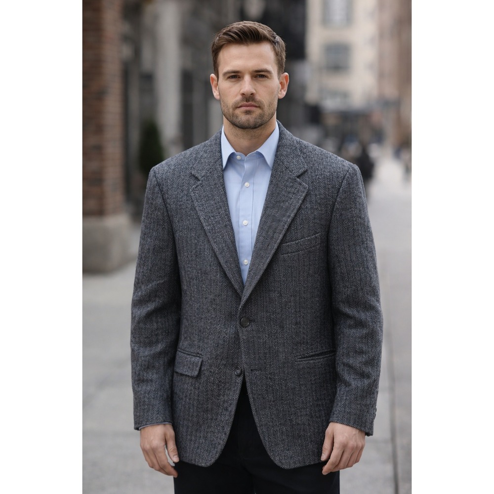 Hardwick Harris Tweed Wool Blazer Mens 44S Blue Gray Herringbone Sport Coat USA